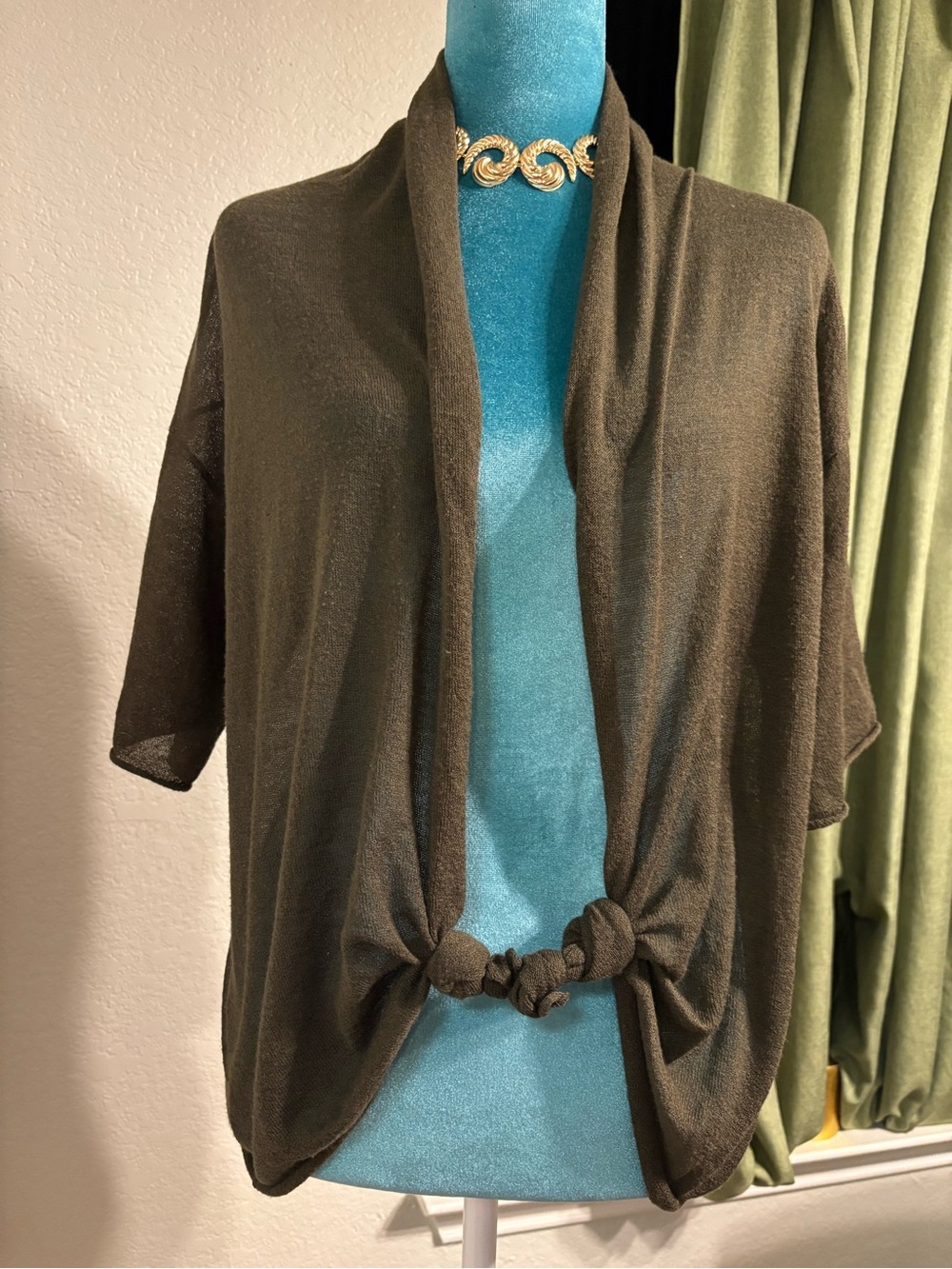 Isabella Rodriguez Olive Knit Short-Sleeve Cardigan with Front Knot